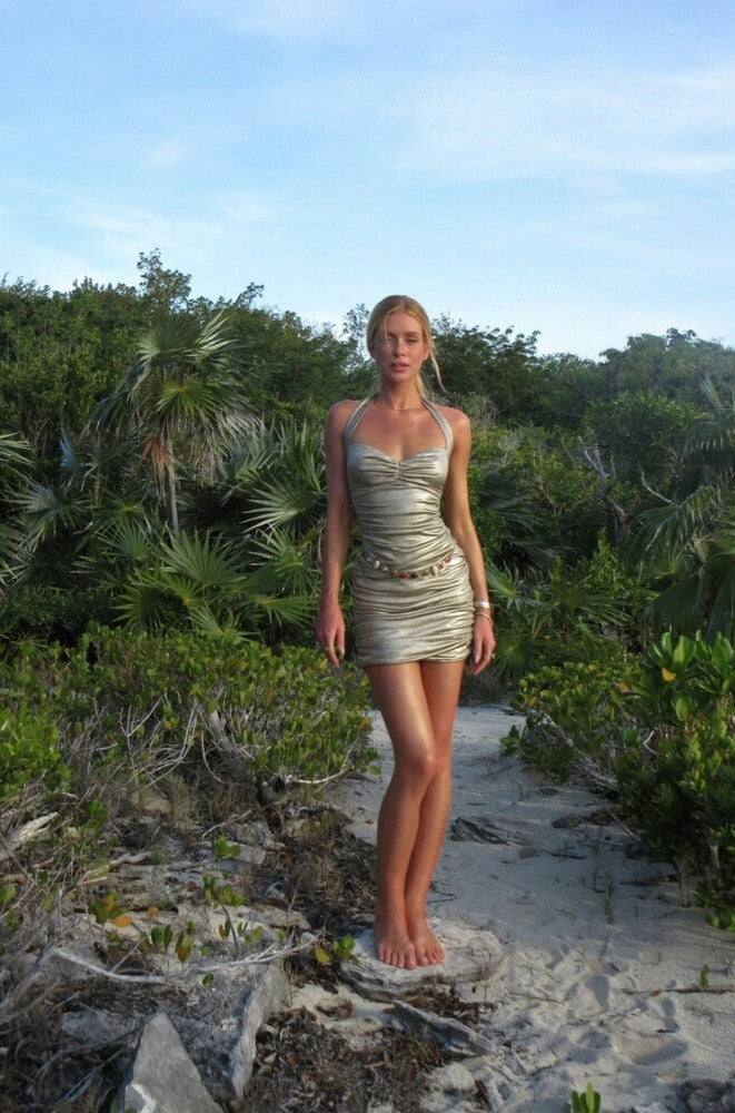 Vestido Curto Metalizado Drapeado Mareh Arraia Dourado