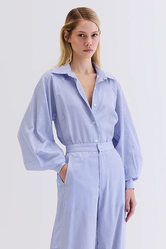 CAMISA MANGAS BUFANTES LISTRADA AZUL COM OFF HOODMOOD