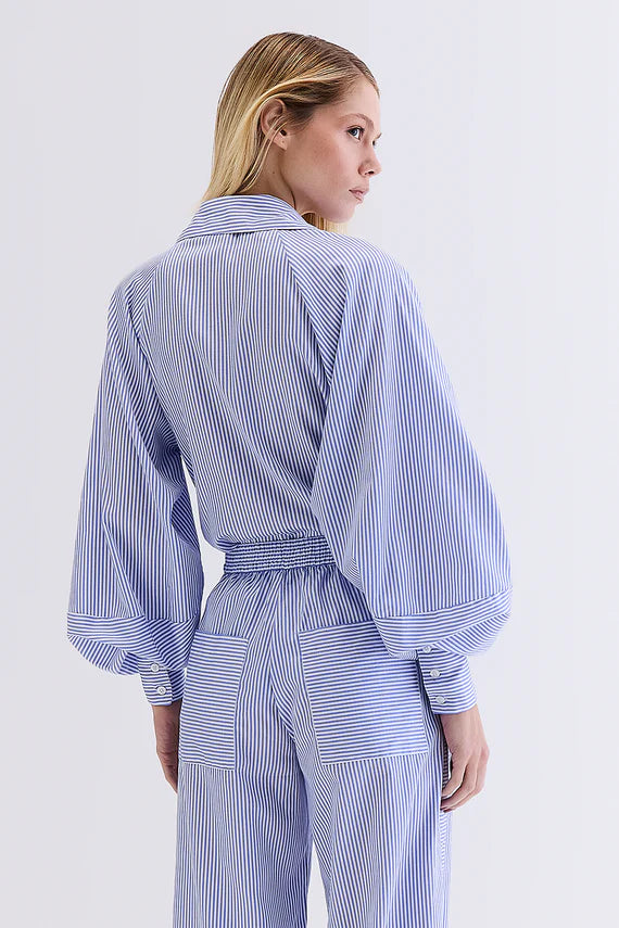 CAMISA MANGAS BUFANTES LISTRADA AZUL COM OFF HOODMOOD