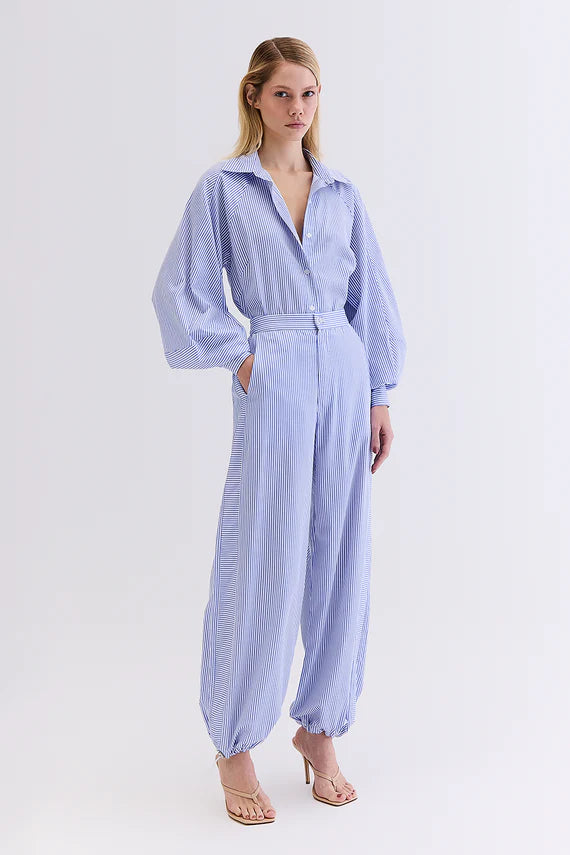 CAMISA MANGAS BUFANTES LISTRADA AZUL COM OFF HOODMOOD