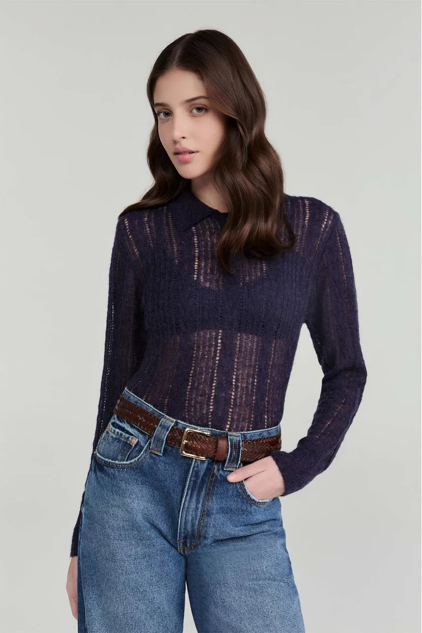 Blusa Polo Tricot Manga Longa Cintia NV - Azul Retro