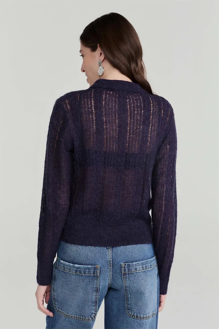 Blusa Polo Tricot Manga Longa Cintia NV - Azul Retro
