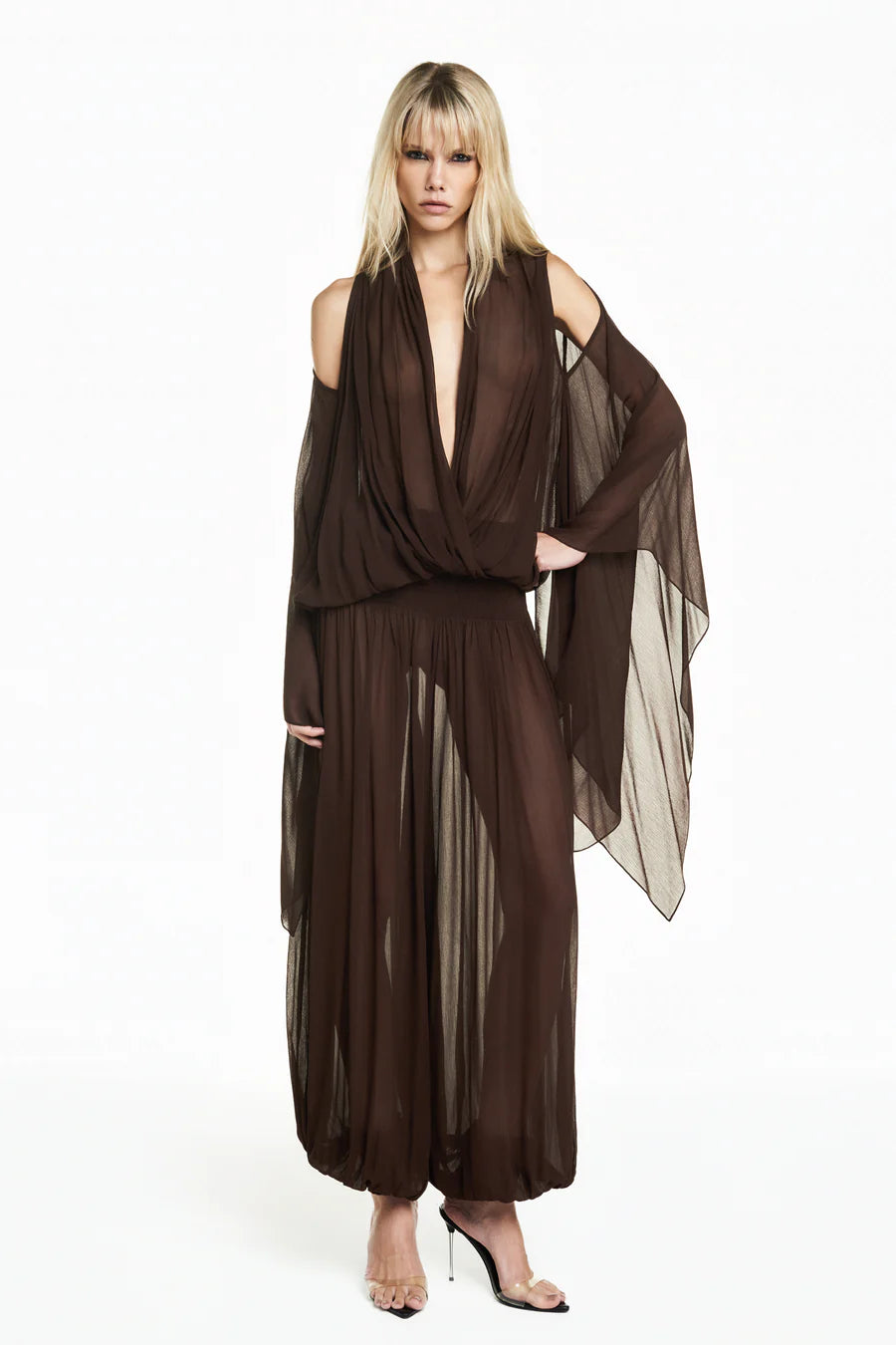 CALÇA PALA LASTEX CHIFFON MARROM TIG