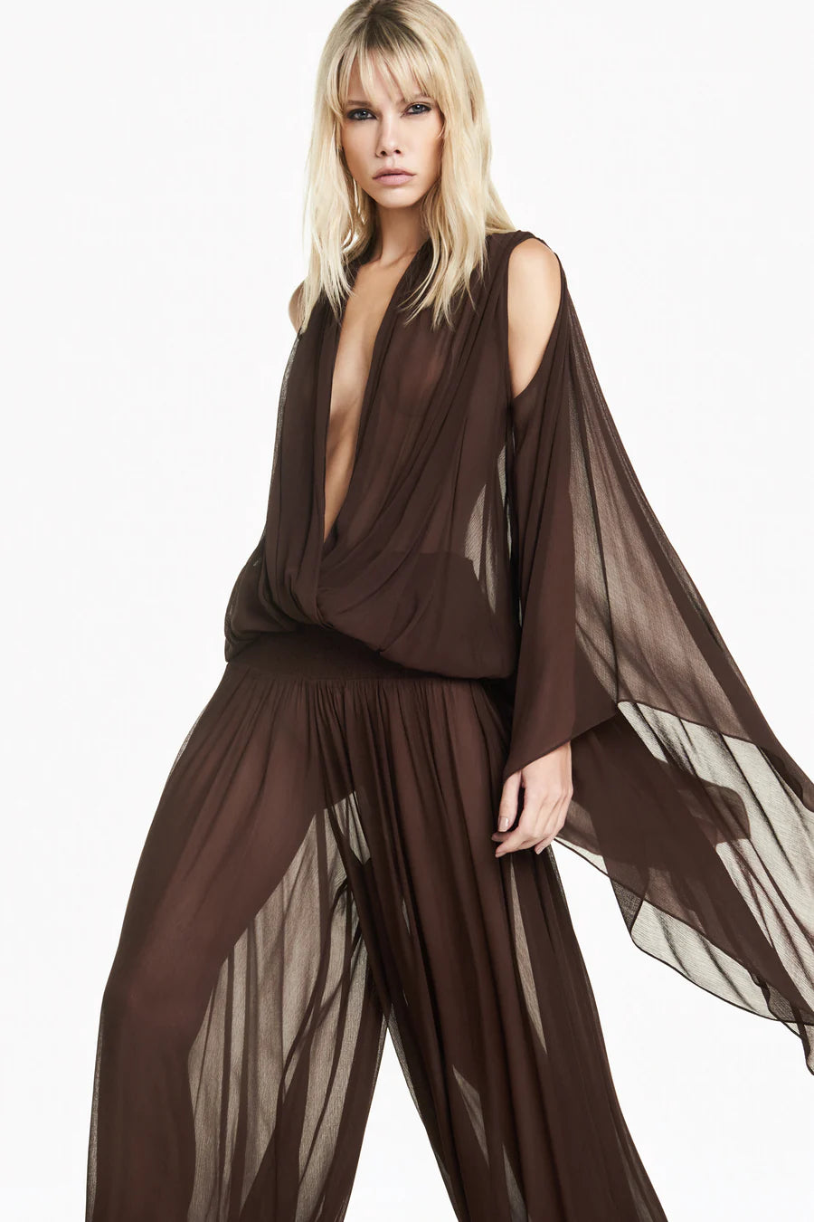 CALÇA PALA LASTEX CHIFFON MARROM TIG