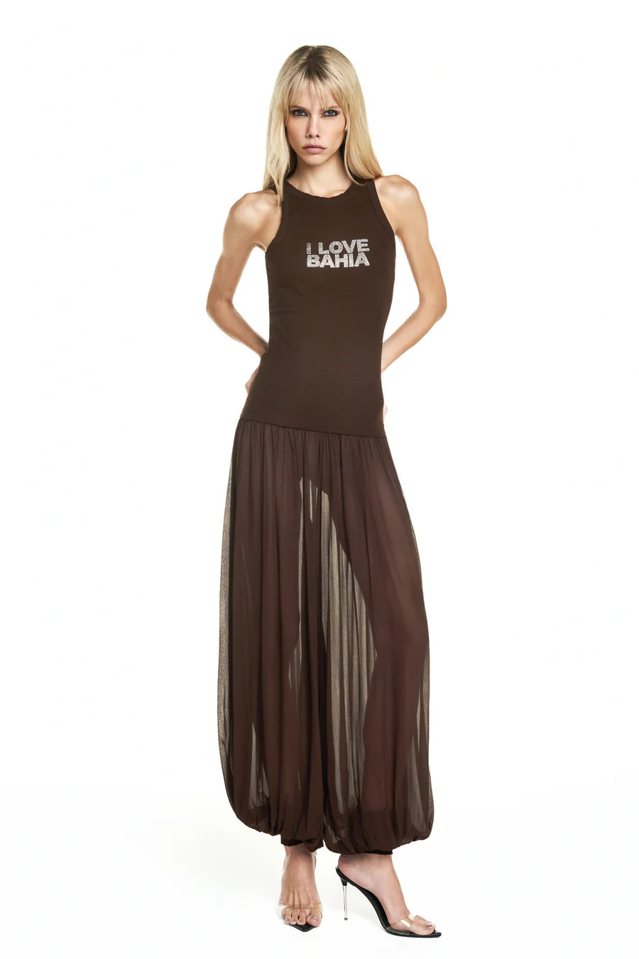 CALÇA PALA LASTEX CHIFFON MARROM TIG