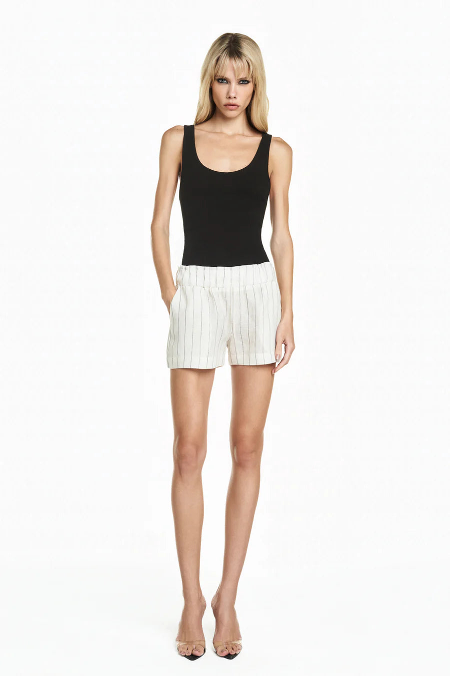 SHORTS ELÁSTICO CÓS LINHO LISTRADO OFF WHITE TIG