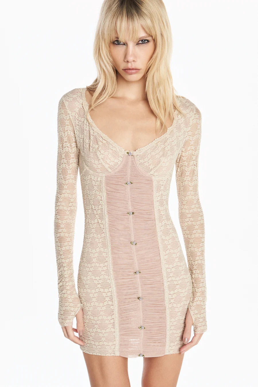 VESTIDO CURTO MANGA LONGA RENDA FLORZINHA E TULE TIG