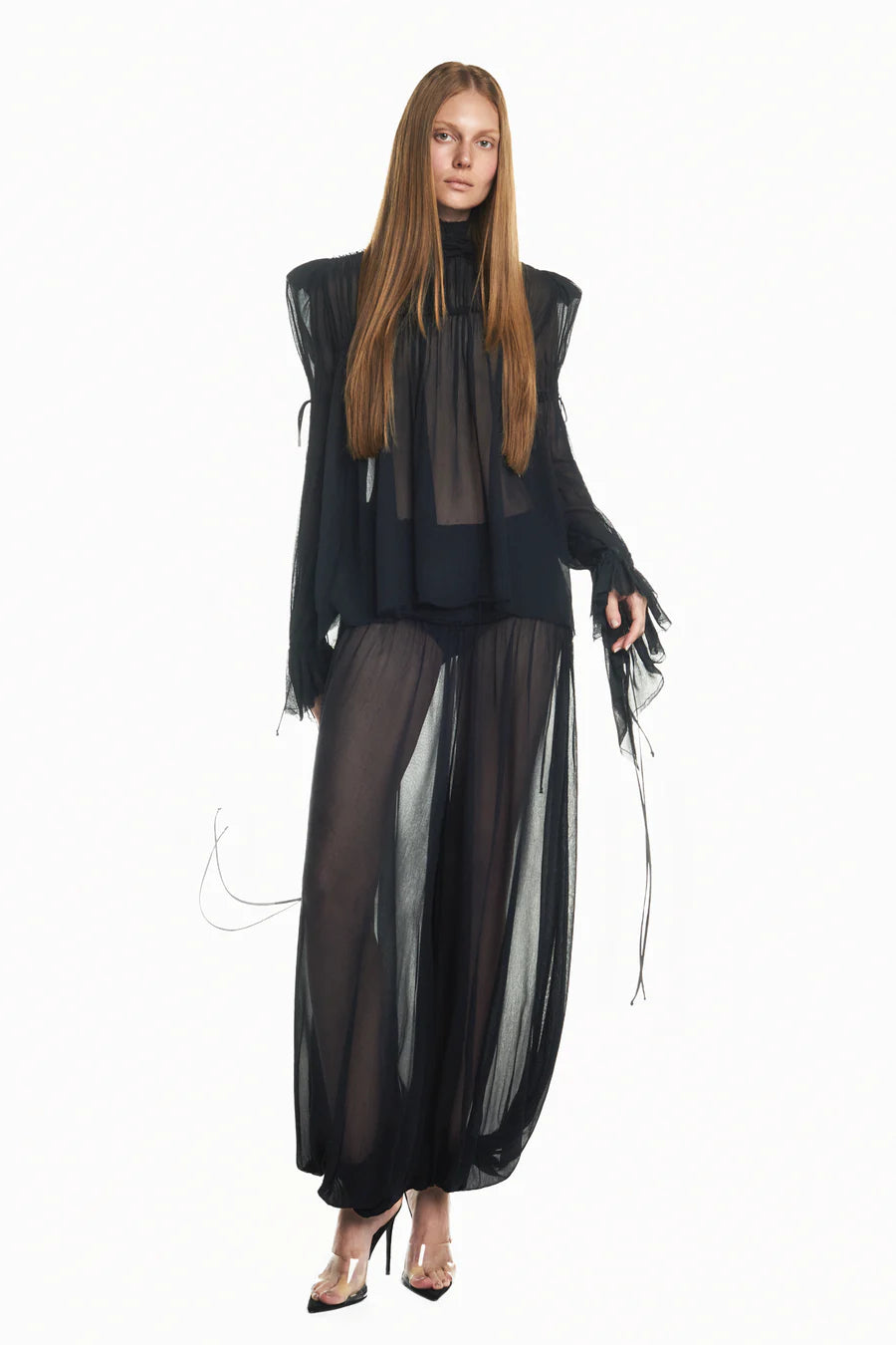 CALÇA PALA DRAPEADA ELÁSTICO NA BARRA CHIFFON PRETO TIG