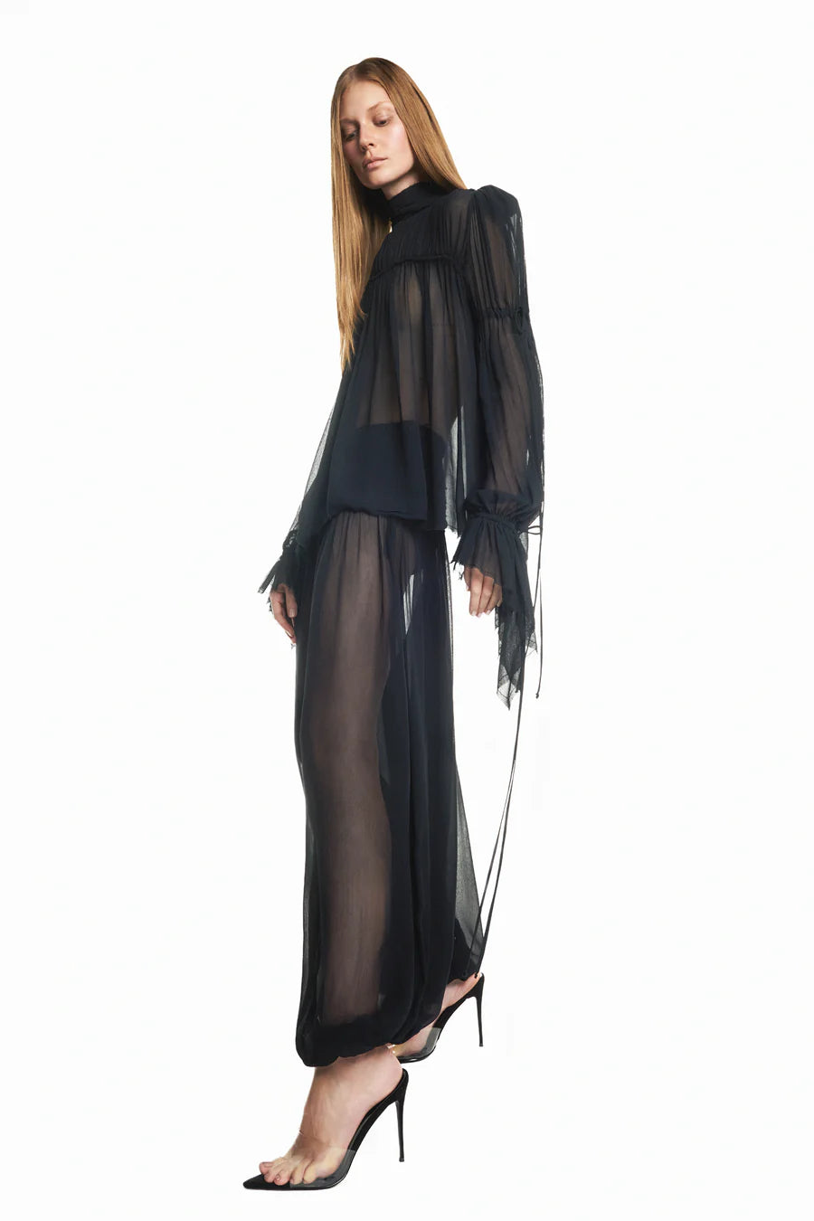 CALÇA PALA DRAPEADA ELÁSTICO NA BARRA CHIFFON PRETO TIG