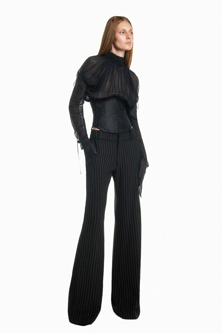 BLUSA MANGA LONGA FRENTE DRAPEADA CHIFFON COM CORSET DE JACQUARD PRETO TIG
