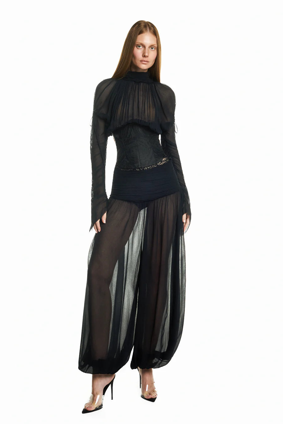 BLUSA MANGA LONGA FRENTE DRAPEADA CHIFFON COM CORSET DE JACQUARD PRETO TIG