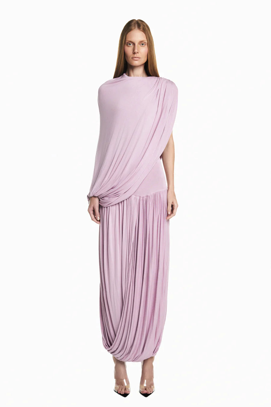 VESTIDO LONGO CAPA SOBREPOSTA SAIA TORCIDA MALHA ROSA TIG