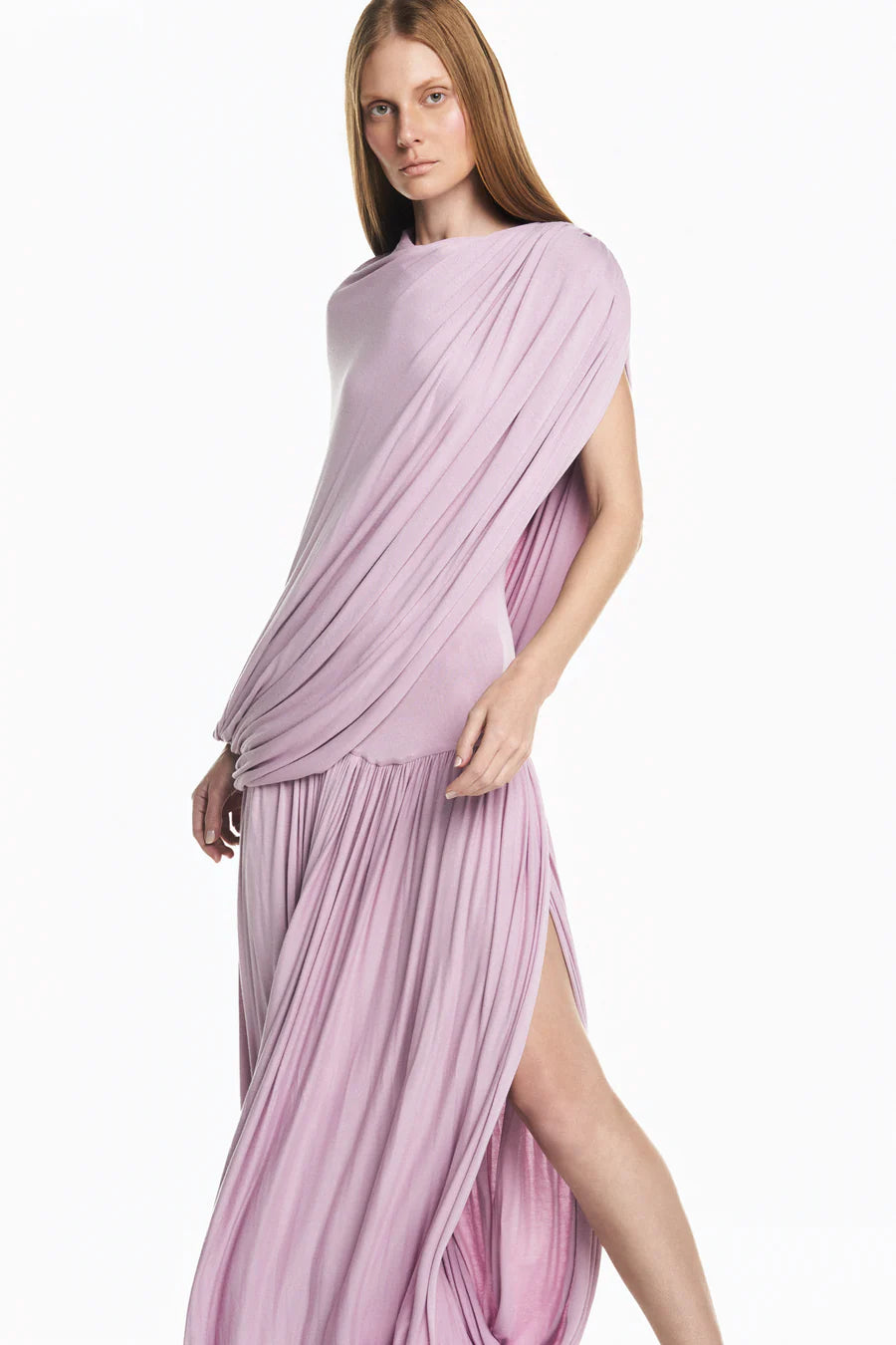 VESTIDO LONGO CAPA SOBREPOSTA SAIA TORCIDA MALHA ROSA TIG