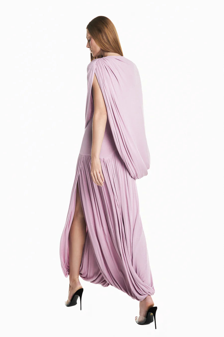 VESTIDO LONGO CAPA SOBREPOSTA SAIA TORCIDA MALHA ROSA TIG