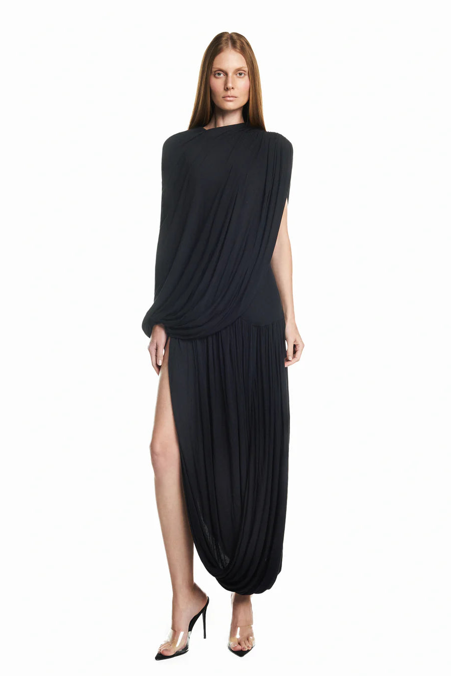 VESTIDO LONGO CAPA SOBREPOSTA SAIA TORCIDA MALHA PRETO TIG