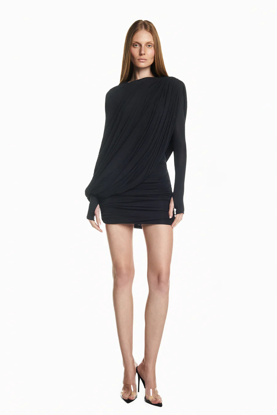 VESTIDO CURTO MANGA LONGA CORPO DRAPEADO CAPA SOBREPOSTA MALHA PRETO TIG