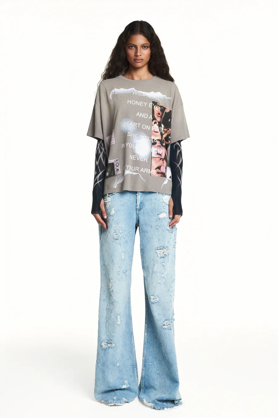 CALÇA JEANS PREGA INTERNA FLARE DESTROYED TIG