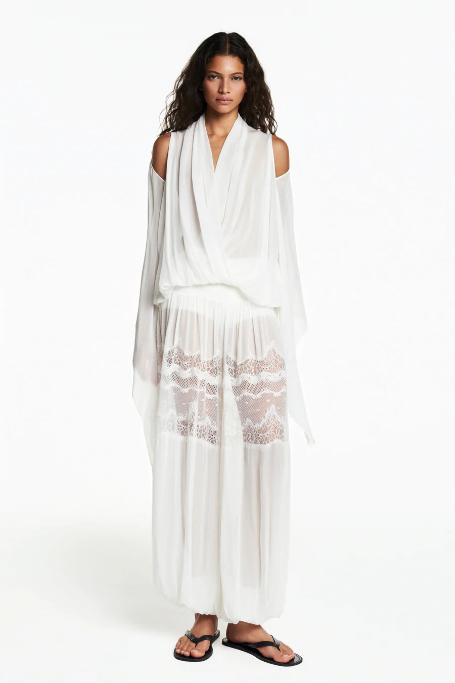 BLUSA DECOTE TRANSPASSE ELÁSTICO CINTURA MANGA AMPLA GEORGETE OFF WHITE TIG