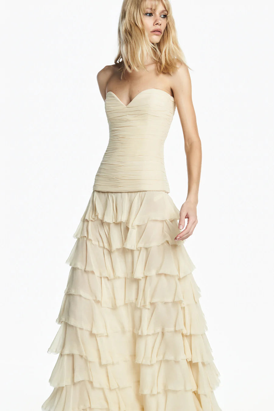 TOP TOMARA QUE CAIA DRAPEADO CHIFFON MANTEIGA TIG